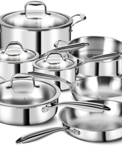 Juego de utensilios de cocina de acero inoxidable de 3 capas de 11 piezas con tapas, ollas y sartenes, no tóxico, inducción, horno, apto para lavavajillas, calidad de chef profesional : Hogar y Cocina