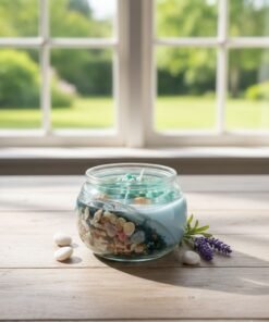 Vela Artesanal con Gel y Soya / Adornos simulando el mar y plantas