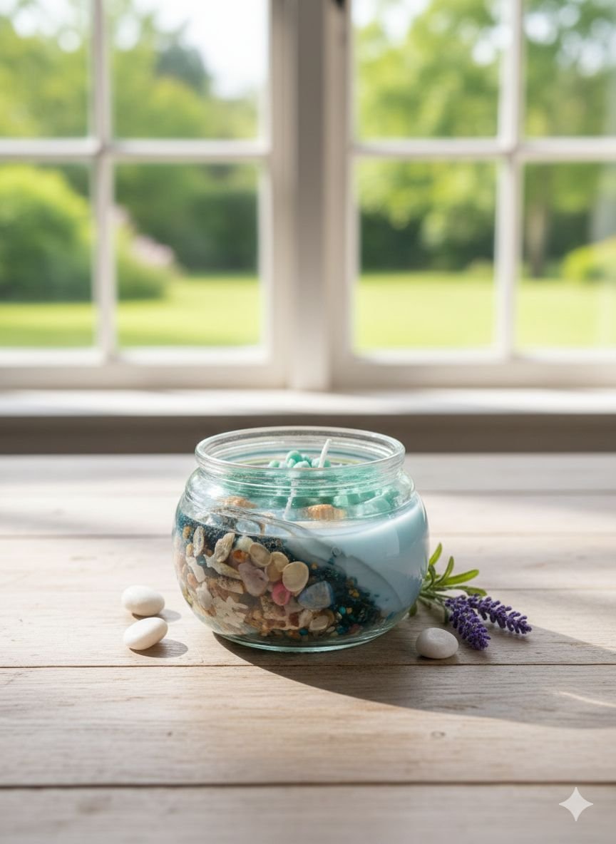 Vela Artesanal con Gel y Soya / Adornos simulando el mar y plantas