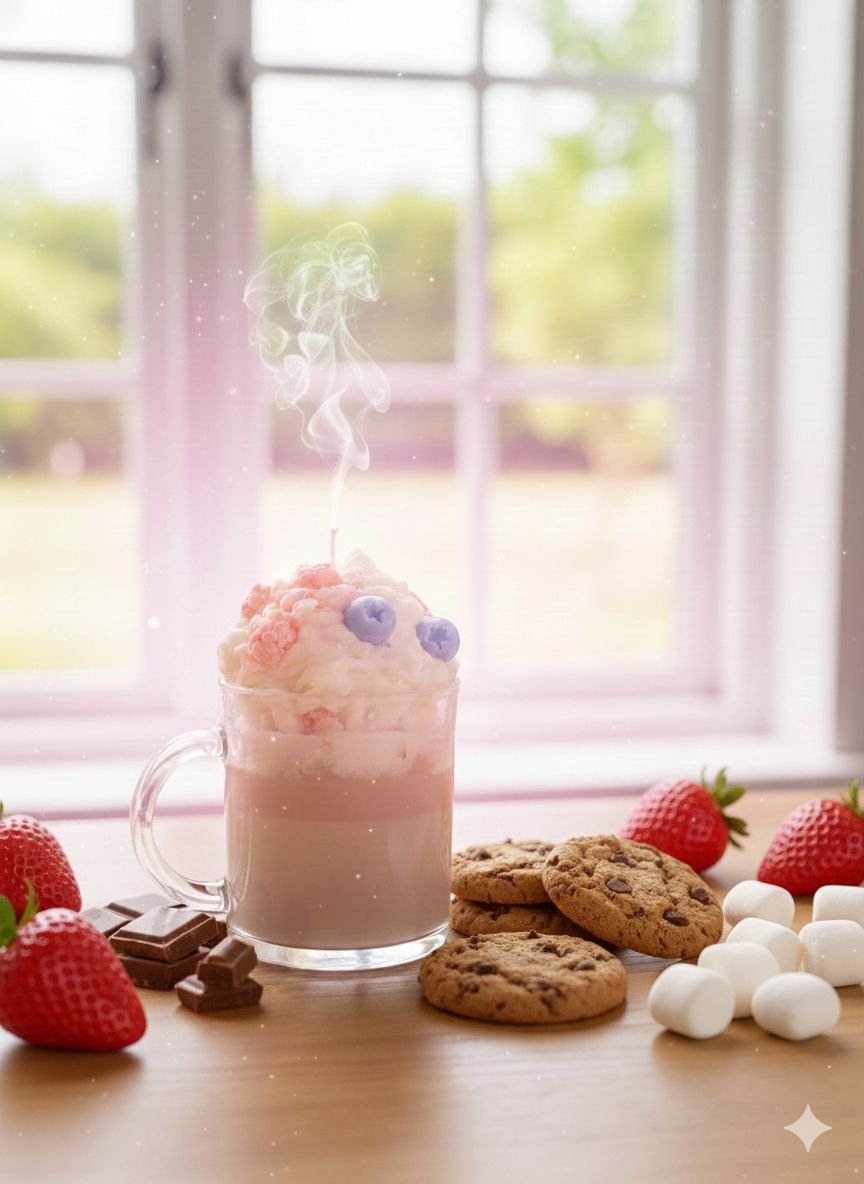 Vela Artesanal de Aroma Marshmello / Taza de chocolate con crema y frutas