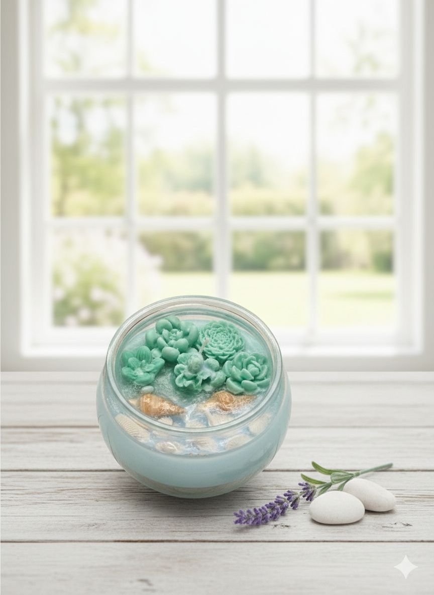 Vela Artesanal con Gel y Soya / Adornos simulando el mar y plantas - Image 2